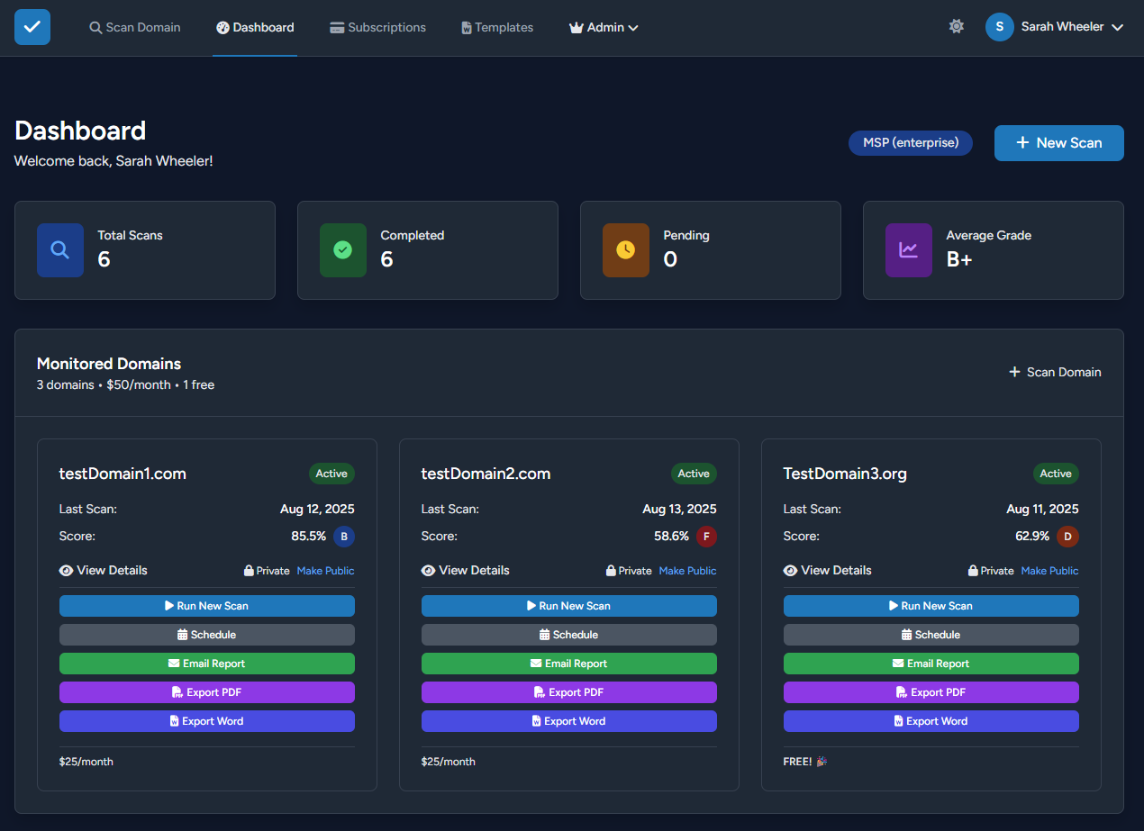 Live Security Dashboard showing client overview and scan metrics