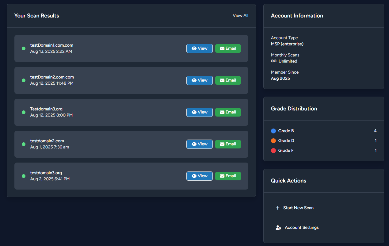 Scan results list showing detailed security findings and historical data